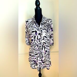 Style & Co. Purple Black Printed Button Down Blouse Top Size L